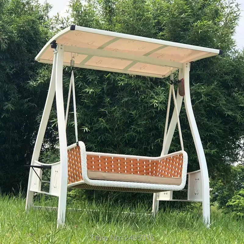

2 seats swing chair outdoor wicker woven Hammock with solar light aluminum PC board canopy hanging basket white color New style