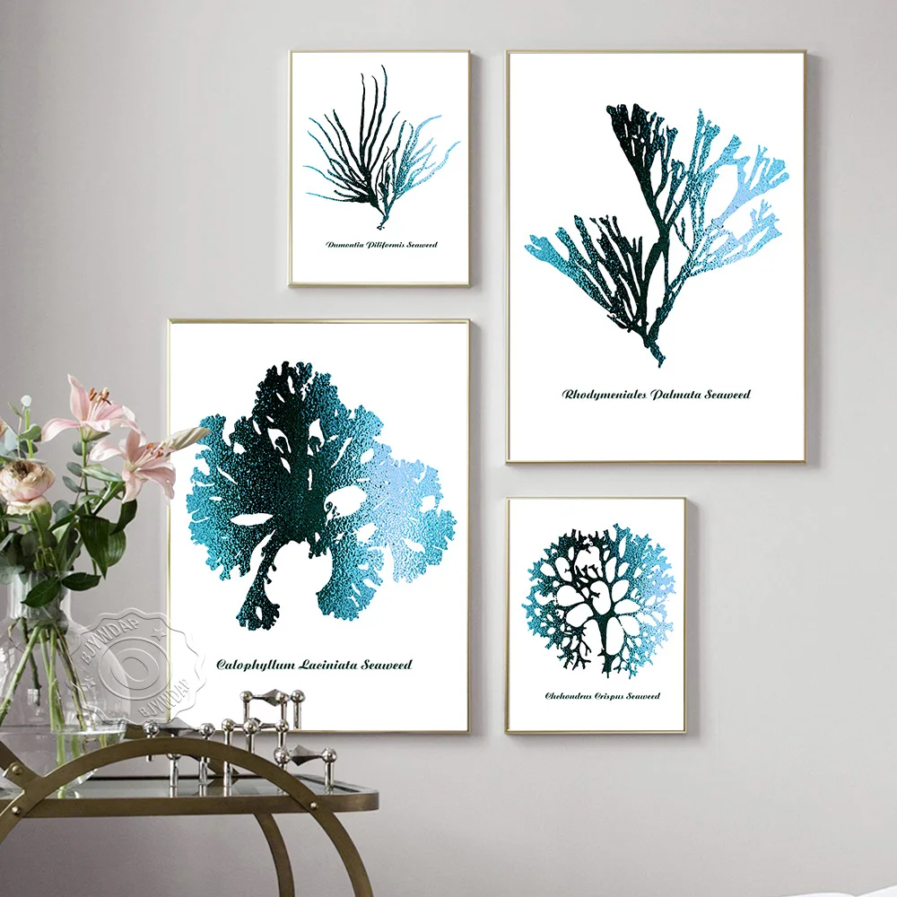 

Hamptons Watercolour Blue Coral Art Print, Blue Seaweed Print Canvas Painting, Sea Plant Simple Art Wall Picture Home Decor Gift
