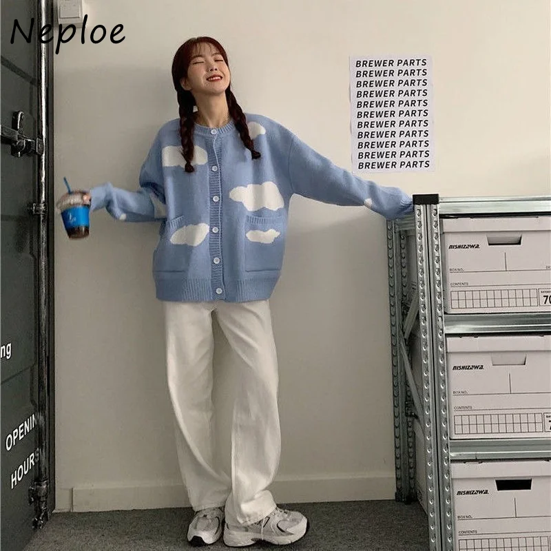 Свитер Neploe в Корейском стиле для студентов Свободный Повседневный однобортный
