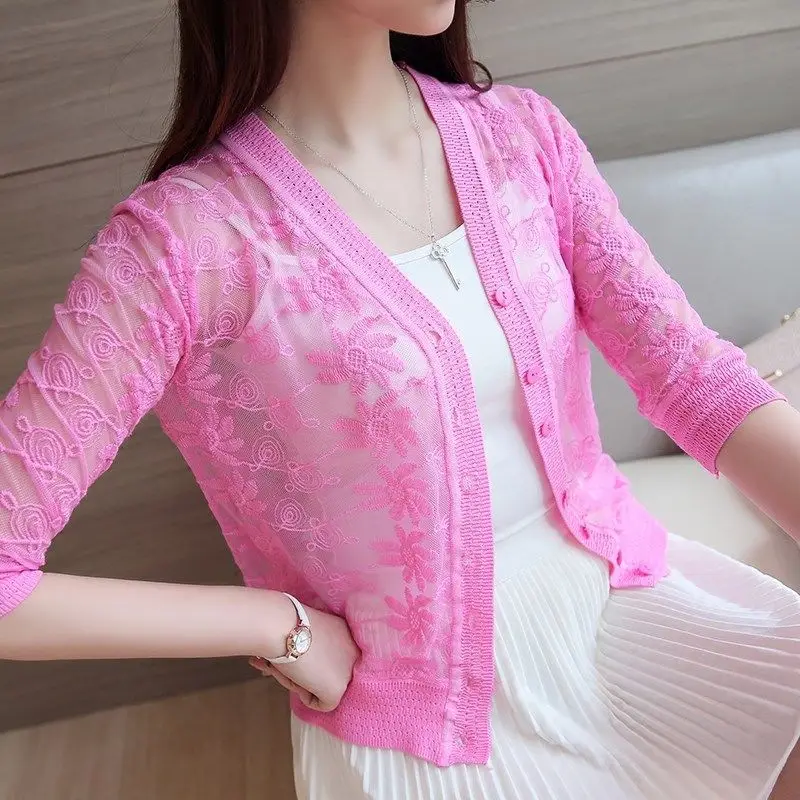 

2021 Summer New Women Short Single-breasted Lace Knit Cardigan Sun Protection Clothing Three-quarter Sleeve Shawl Jacket Y41