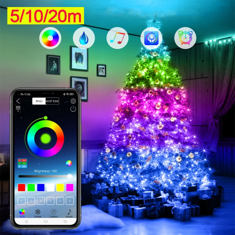 

USB RGB LED String светильник Bluetooth App Дистанционное Управление, медный провод, струнные лампы Водонепроницаемый светильник s для украшения рождест...