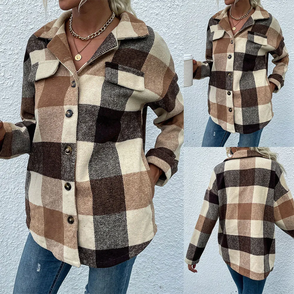 

Lady Shirt Blouses Tshirt Long Sleeve Polyester Spring/Autumn Turn-Down Collar Button Women Plaid Printed Button Tops Tee Shirt