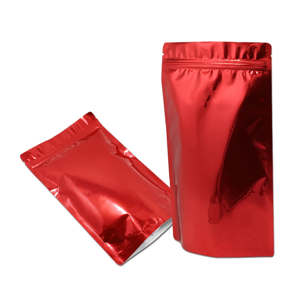 

100pcs/Lot Reusable Glossy Foil Ziplock Storage Bag Stand Up Packaging Pouches Resealable Bean Nuts Grains Tea Packing Bag, Red