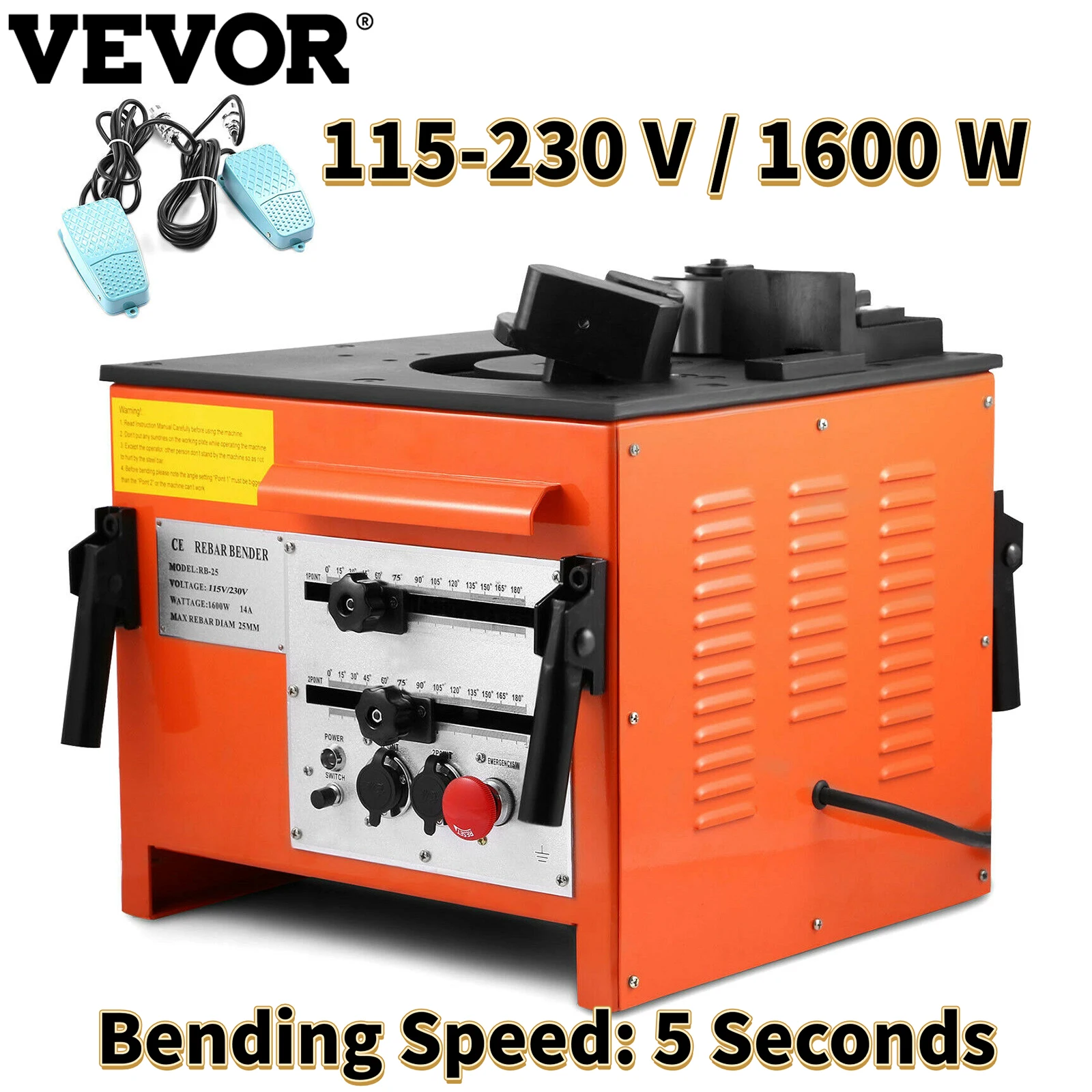 

VEVOR Electric Hydraulic Rebar Bender Cutter W/ Foot Pedals 1600W/14A 110-230V Bending Speed 5S 25mm for Bending Rebar Steel Bar