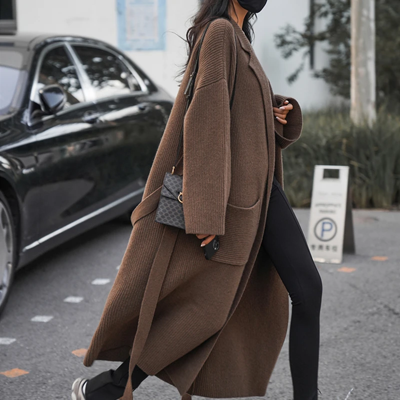 

Осень 2022 женская одежда свитер женский кардиган оверсайз однотонный коричневый пояс зимний женский свитер с отложным воротником пальто для женщин