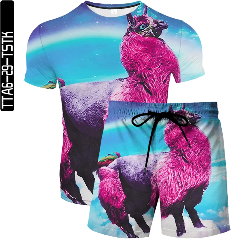

2021 summer new men's and women's same style 3D printed beach pants fashion boutique T-shirt two-piece unicorn element pattern