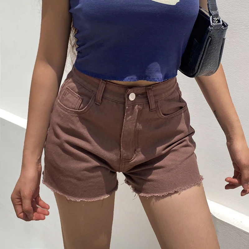 Waatfaak Summer Brown Denim Shorts Streetwear Women Ripped Fashion High Waisted Jean Cargo Pockets Sweatshorts Cotton | Женская одежда