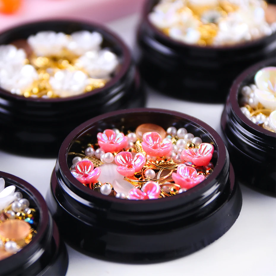 1 коробка Стразы для ногтей Белый AB корпус резные цветы смешанный жемчуг золотой