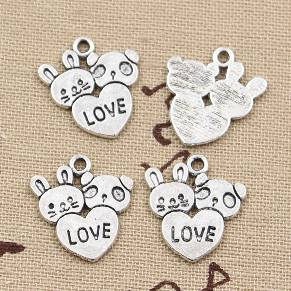 

12pcs Charms Rabbit Bunny Panda Love Heart 20x18mm Antique Silver Color Pendants Making DIY Handmade Tibetan Finding Jewelry