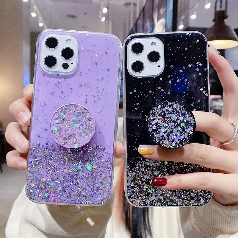 

Luxury Glitter Transparent Phone Case For Honor X30i Fold Stand Epoxy Soft Shockproof Bumper Back Cover For Honor X 30 i