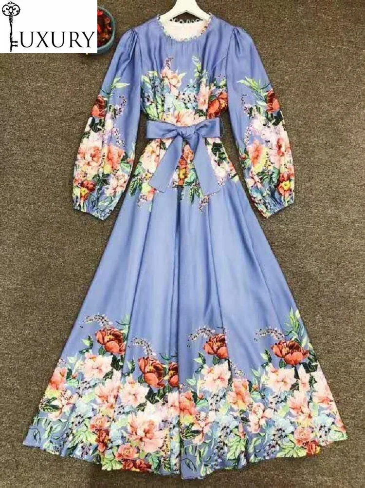 

Fashion Blue 2020 Autumn Clothing Women O-Neck Charming Floral Print Belt Patchwork Long Sleeve Casual Maxi Dress