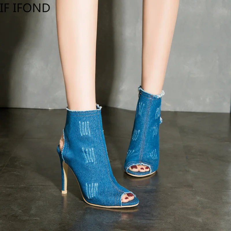 IF IFOND/женские сандалии Матовые босоножки из денима на очень тонком высоком