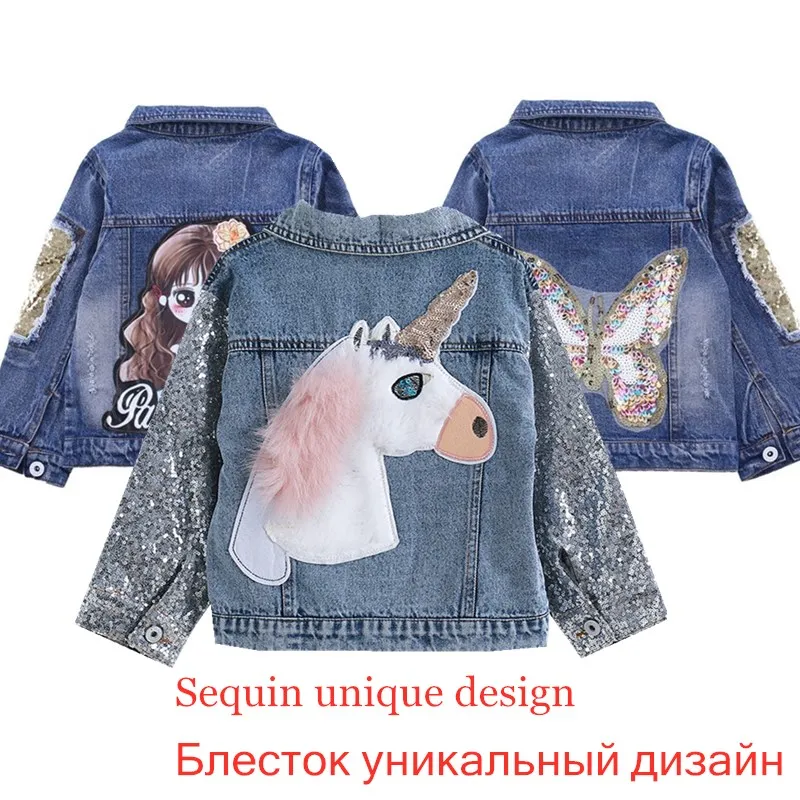 

New Fashion unicorn Girls Jackets Sequin Cowboy Teens Outerwear embroidery Girls coat Children's Clothing Kids Jean Jacket 2-12y