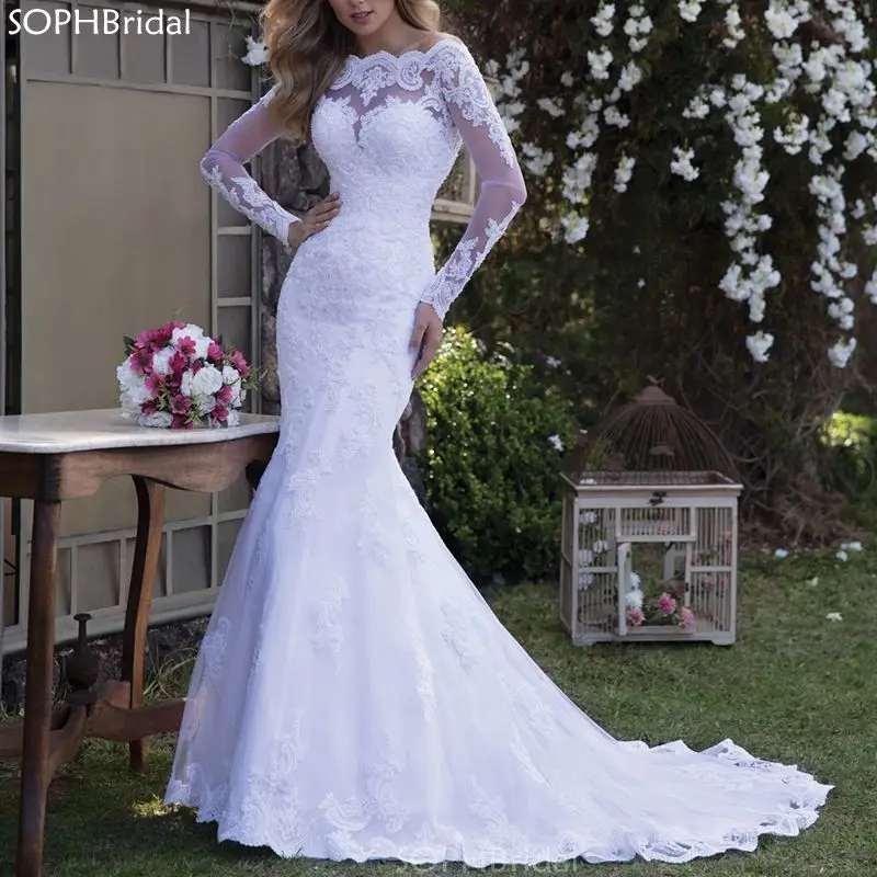 

New Arrival Boat Neck Wedding Dresses 2021 Gelinlik Lace Appliques Vestido de Noiva Long Sleeves White Wedding Gowns