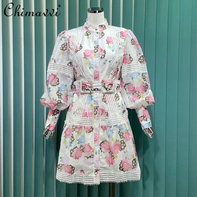 

2021 Fall Women Clothing Fashion Vintage Floral Print Long Sleeves Single-Breasted Dress with Belt High Waist Slim Elegant Dress