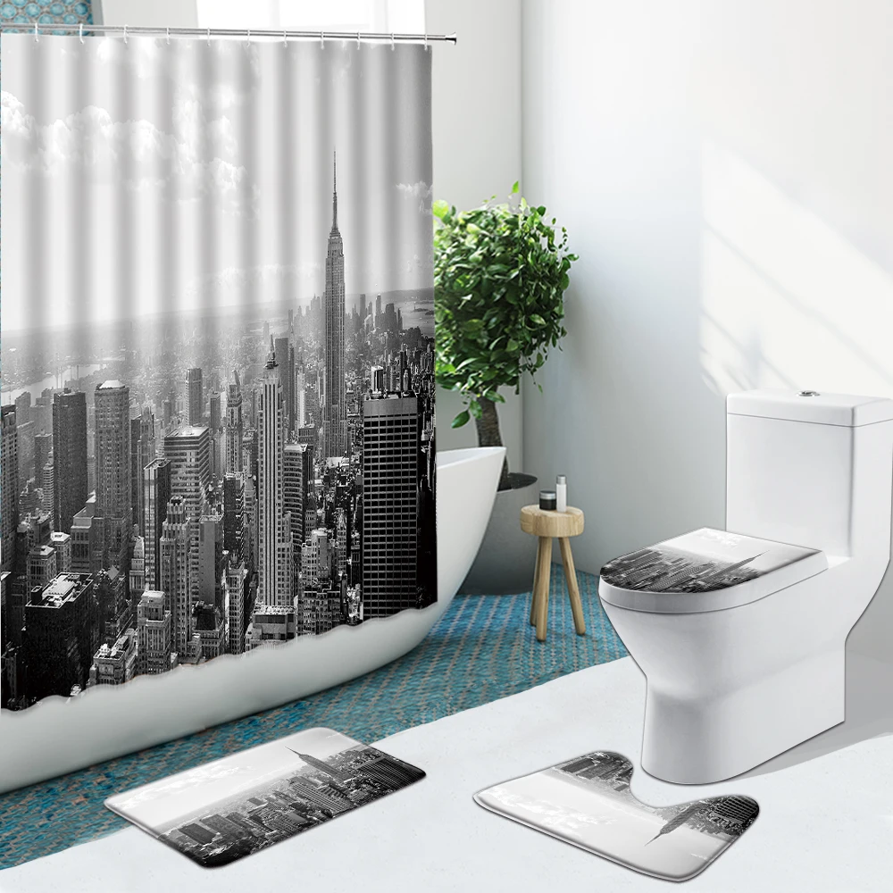Koop Stad Architectuur Gebouw Night View Badkamer Set Douchegordijn Stof Antislip Tapijten Flanel Wc Tapijt Decor Met Haken