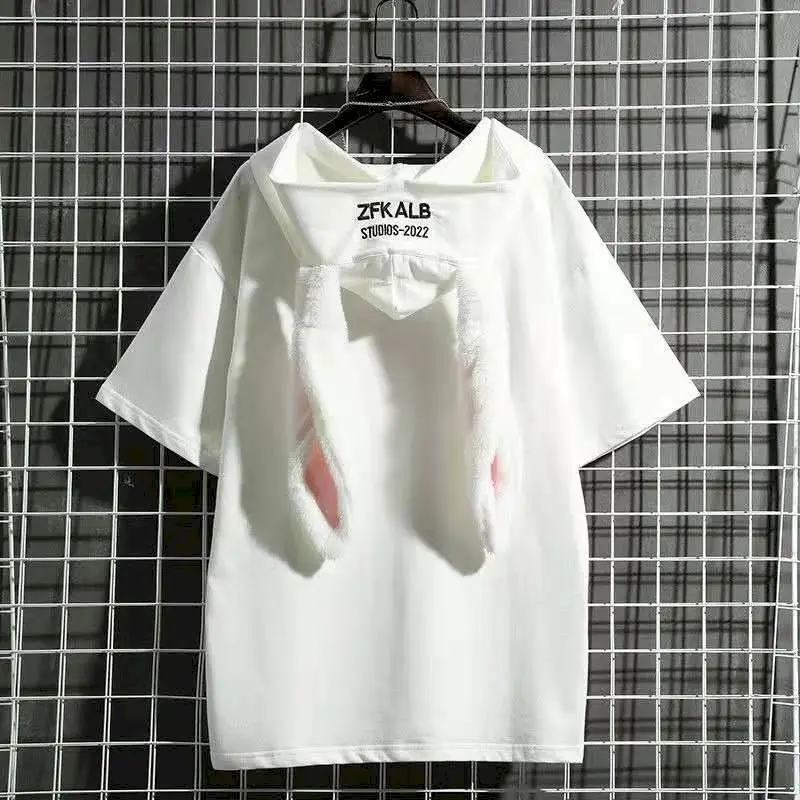 

Women T Shirt Original Cute Rabbit Ears Hooded Short-sleeved T Shirt Men Women Couples Loose Hoodies Summer Cotton Sweatshirt