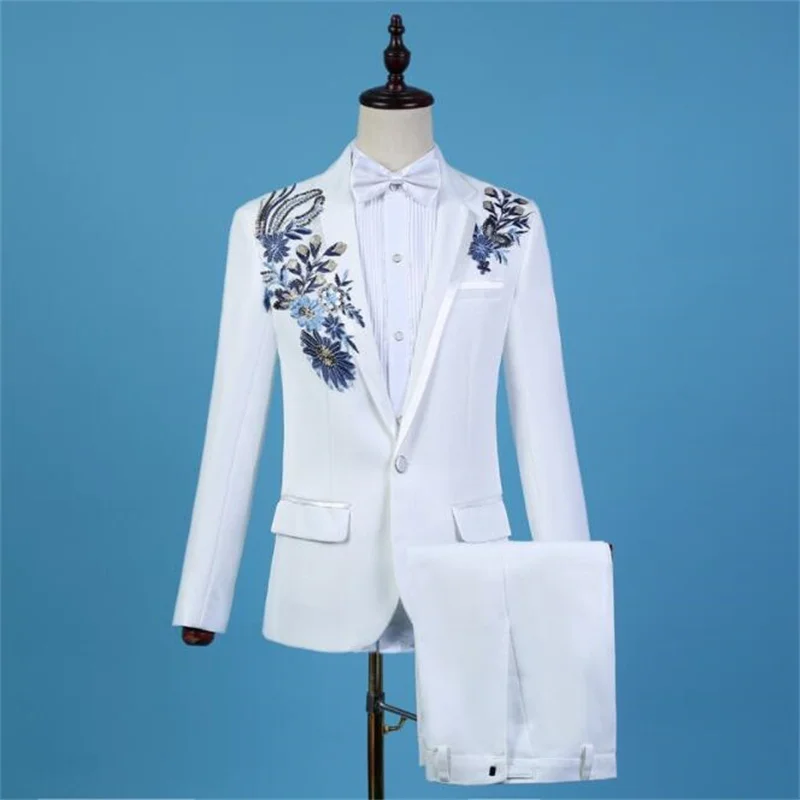 Chorus embroidery flower blazer men groom suit set with pants mens wedding suits costume singer stage clothing formal dress
