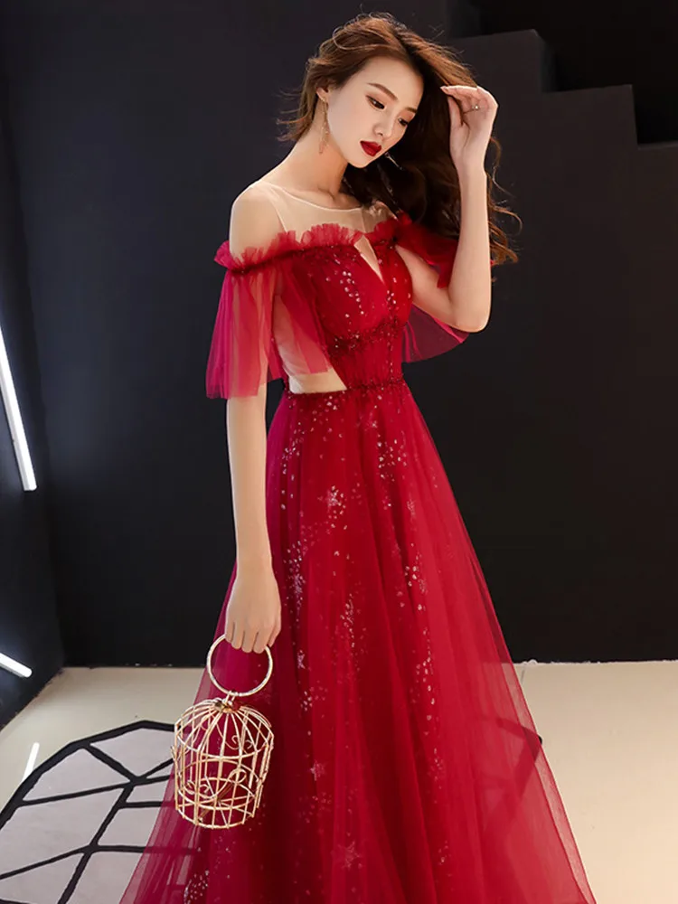 Вечернее Платье Лодка Шеи It's YiiYa, Вечерние Платья Bling Stars Шаблон, Женщин Элегантное Красное Вино, Узелок Тюль, Длинные Платья Партии, E061,лето