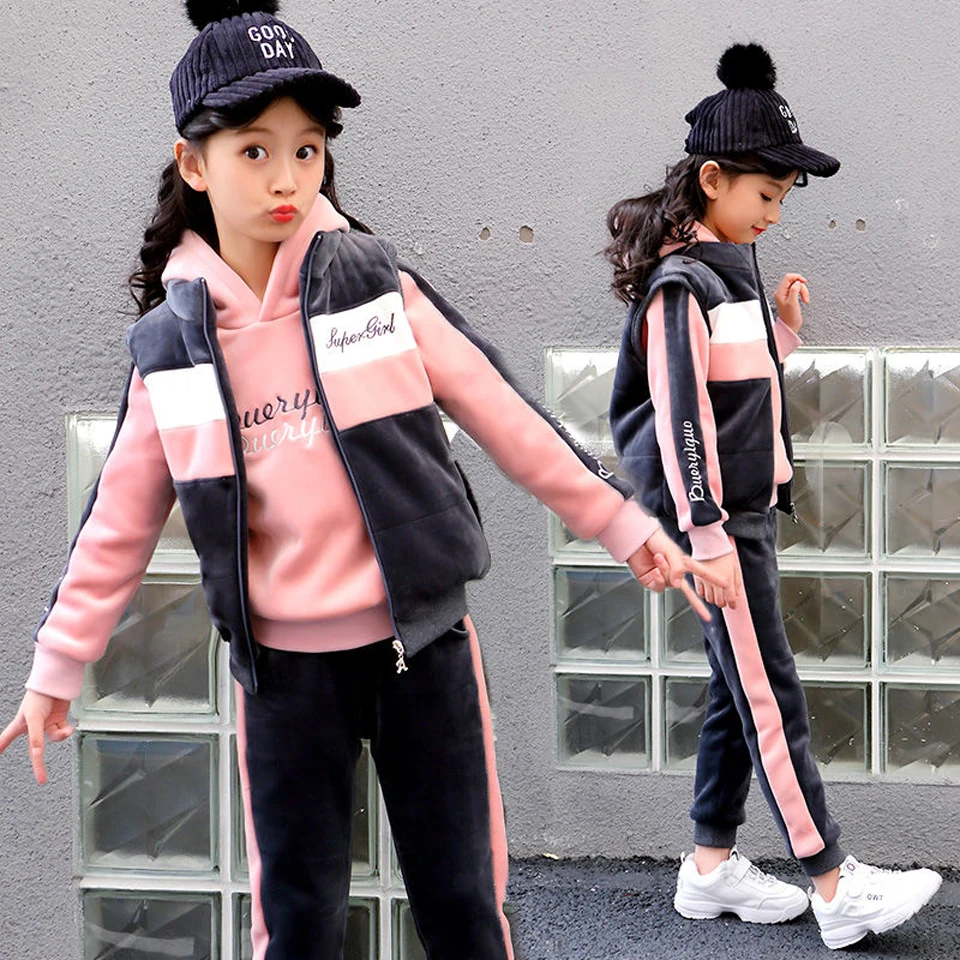 

winter 3pcs girls clothes set Kids Thickening Hooded Vest+Sweater+Pant Sport Suits Baby Boys Girls Warm Set Children Clothing