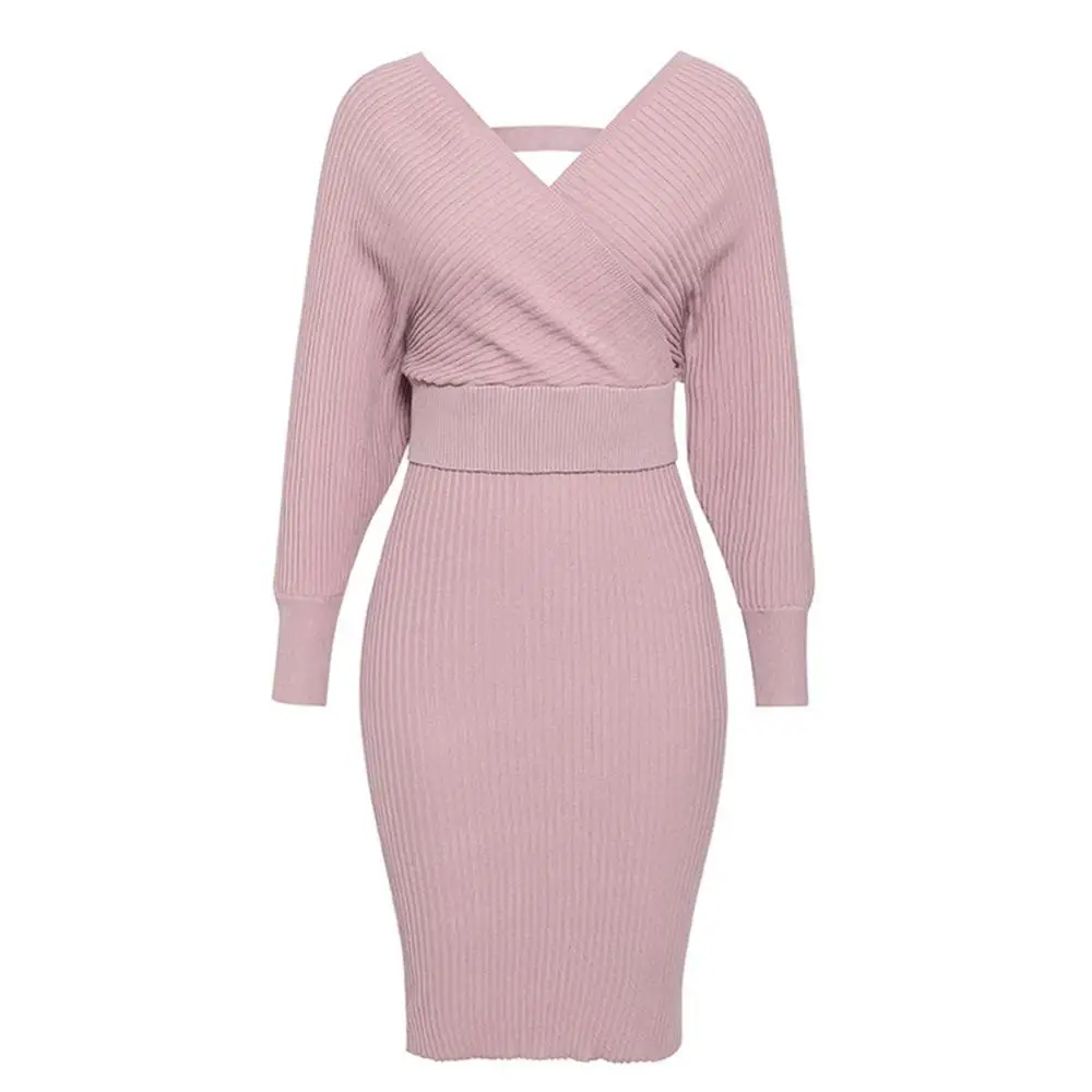 На осень и зиму сексуальное платье с v образным воротом Женский вязаный костюмы