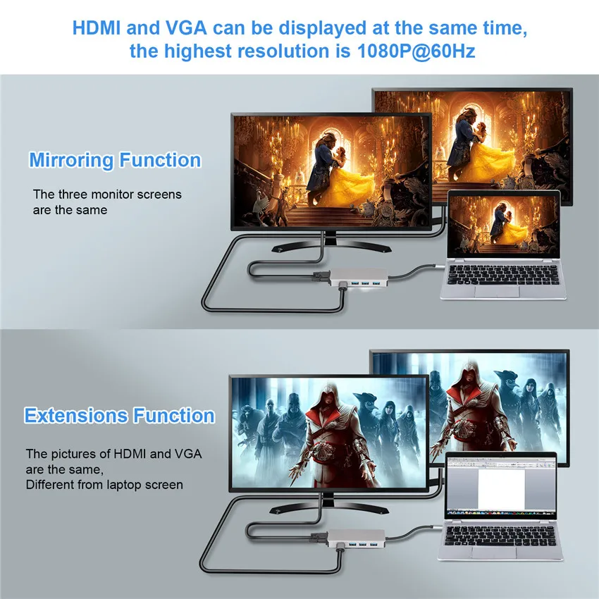 Usb-концентратор 5 в 1 USB C HDMI VGA двойной дисплей адаптер с 3 0*3 4K 1080P @ 60 Гц Thunderbolt Type