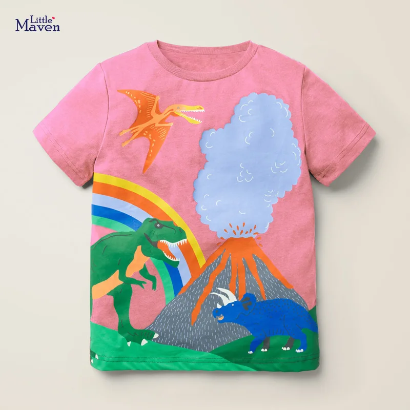 

Little Maven Children 2021 Summer Baby Girl Tee Tops Rainbow Dinosaur Print Brand Cotton Short Sleeve T Shirt for Kids 2-7 Years