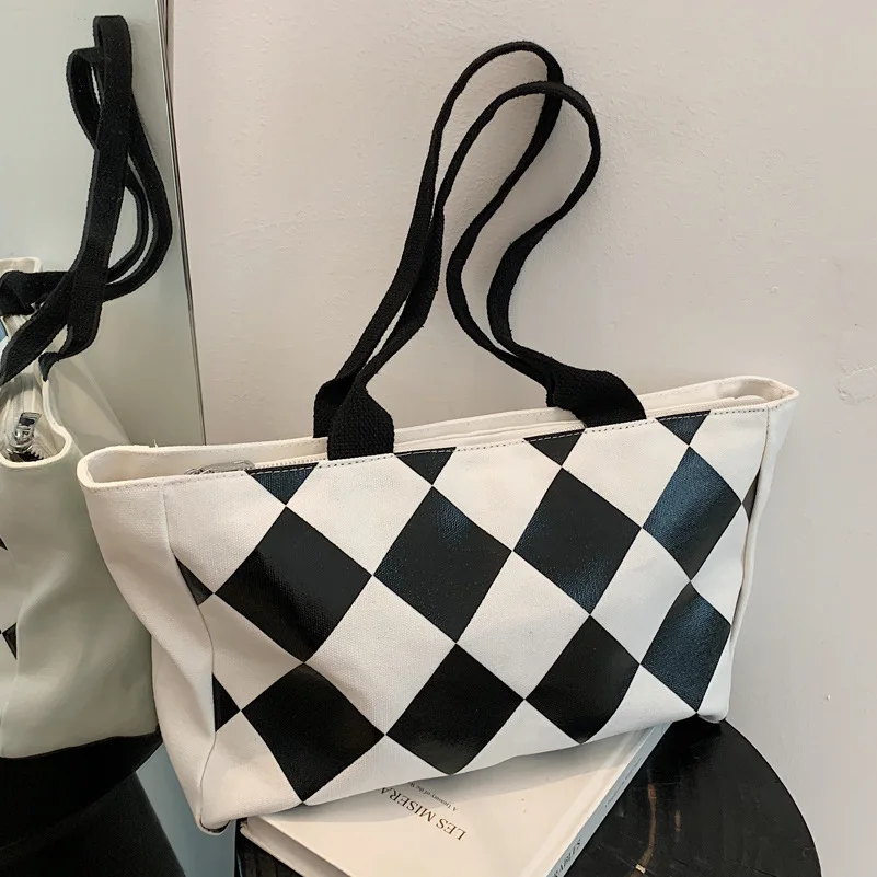 

Корейская Холщовая Сумка-тоут на одно плечо с шахматным узором, 2021