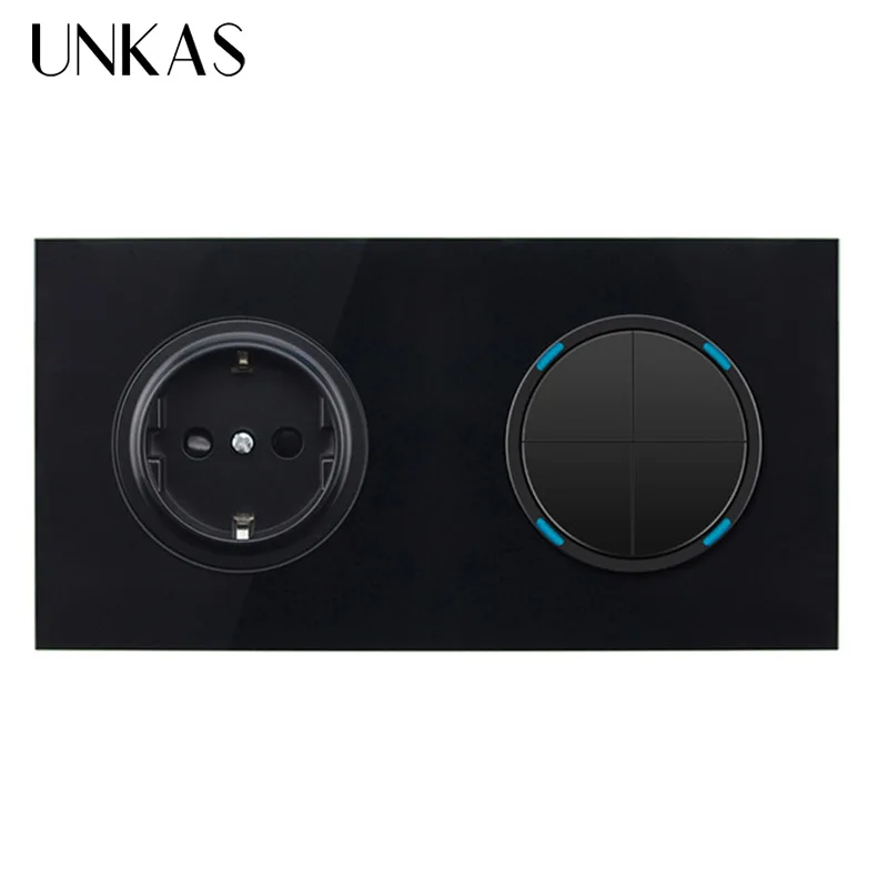 UNKAS Black Crystal Glass Panel 16A EU Standard Wall Power Socket 1 Gang Way Pass Through On / Off Light Switch | Обустройство дома