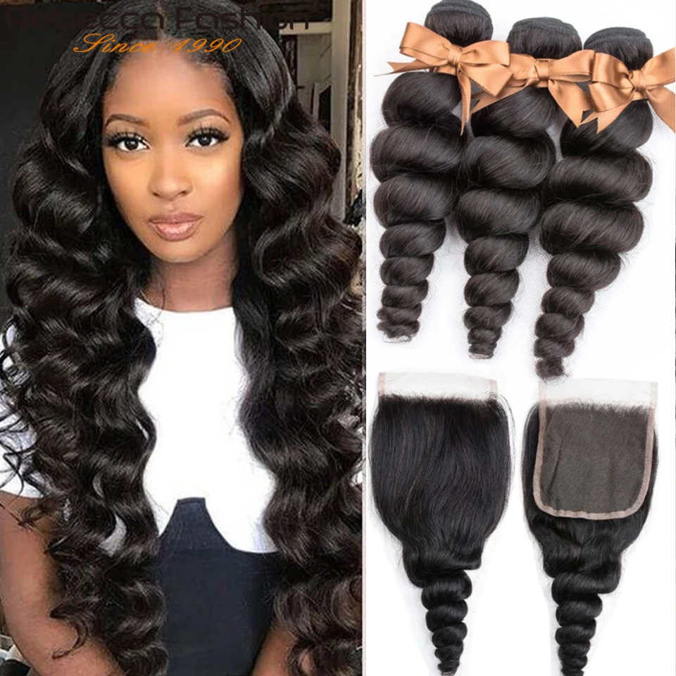 Rebecca Loose Deep Wave Bundles with Closure Peruvian Hair Remy 100% Human Frontal  Шиньоны и