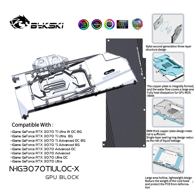 

Bykski GPU Water Cooling Block for Colorful iGame RTX 3070 Ti Ultra Advanced OC VGA Liquid Cooler 5V/12V RGB N-IG3070TIULOC-X