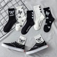 1 pair women socks butterfly funny socks skateboard streetwear harajuku crew socks fashion breathable black white cotton sock