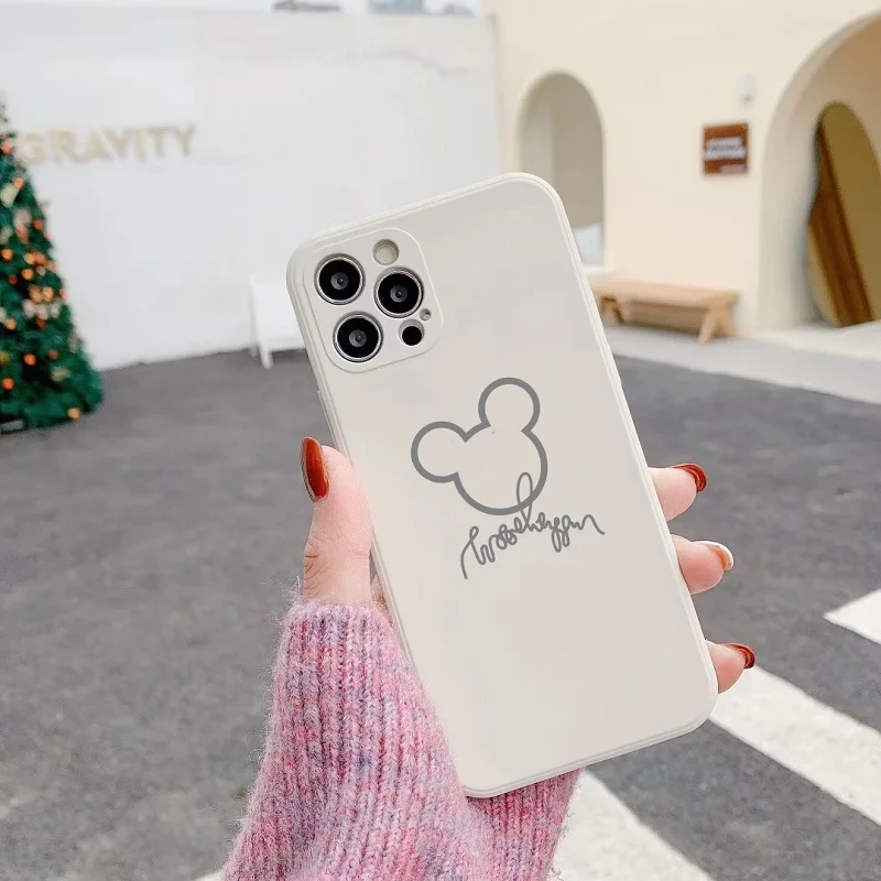 Line art cartoon mouse Liquid silicone Phone Case For iPhone 11 12MINI 7 8 Plus X XR 12 Pro XS Max Shockproof Back Cover Capa
