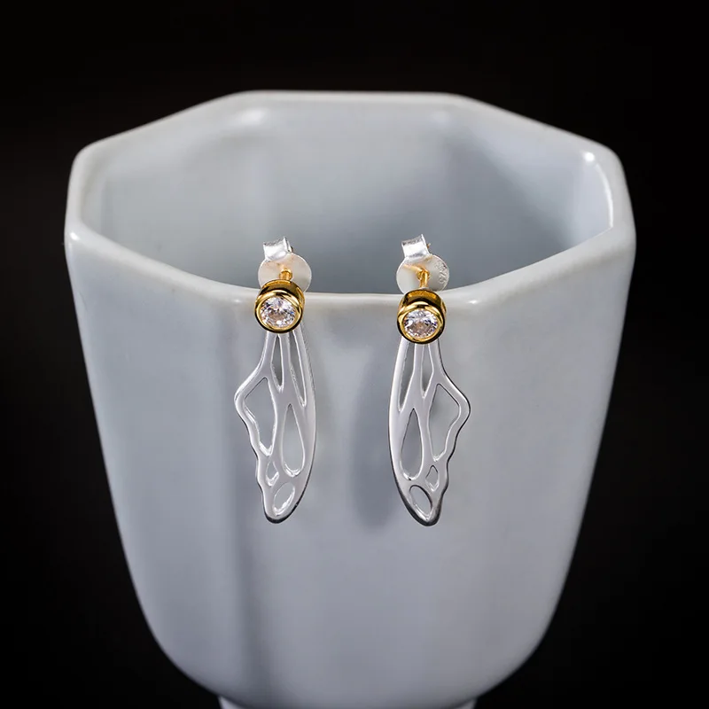 Женские серьги-гвоздики из серебра 925 пробы с полыми крыльями циркония Винтажные