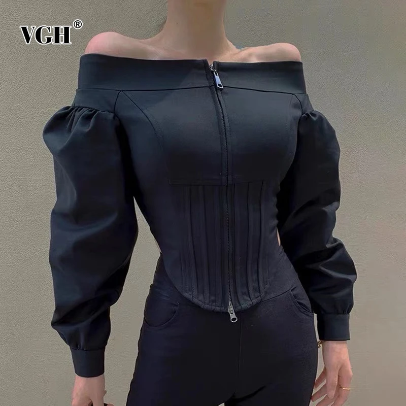 

VGH Casual Streetwear Shirts For Women Slash Neck Long Puff Sleeve Slim Asymmetrical Hem Elegant Blouses Female Fashion Clothing