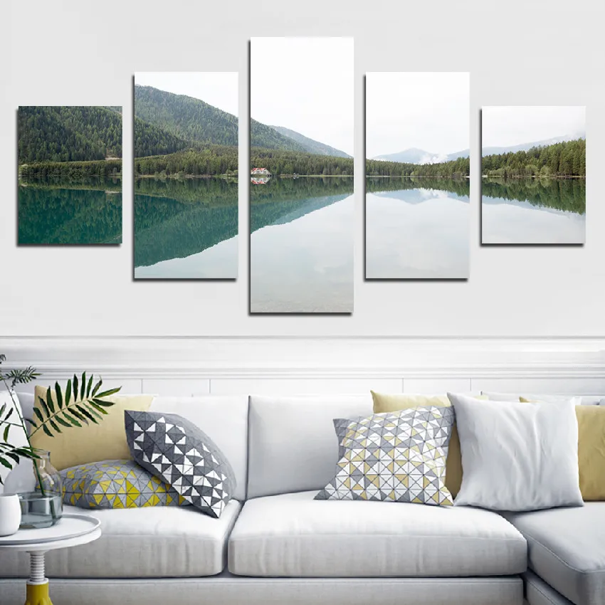 

5Pcs Lush Forest and Lake Reflection Photography Symmetry Composition Art Modern Home Frameless Printing Decorative Poster