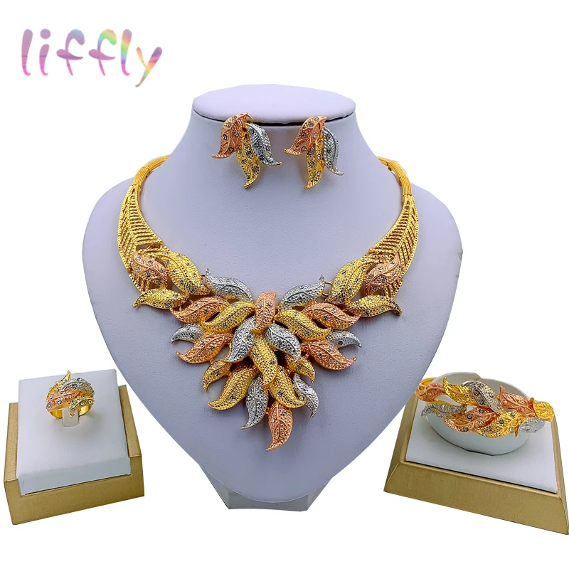 

Liffly Multicolor Bridal Wedding Crystal Dubai Gold Jewelry Sets for Women Necklace Earrings Bracelet Ring Indian Jewelry Set