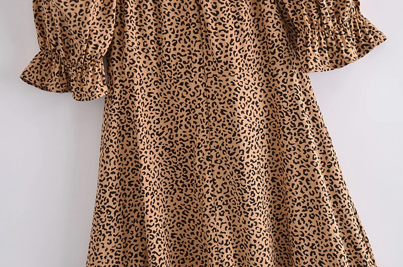 

Splend Moda Summer New Prairie Chic Slash Neck 2021 Vintage Lace-Up Folds Leopard Print Puff Sleeve Sexy Mini Dress Women