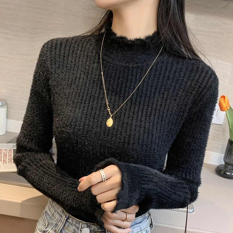 

2021 Women Female Knitted sweater solid autumn winter Sweater Pullover black