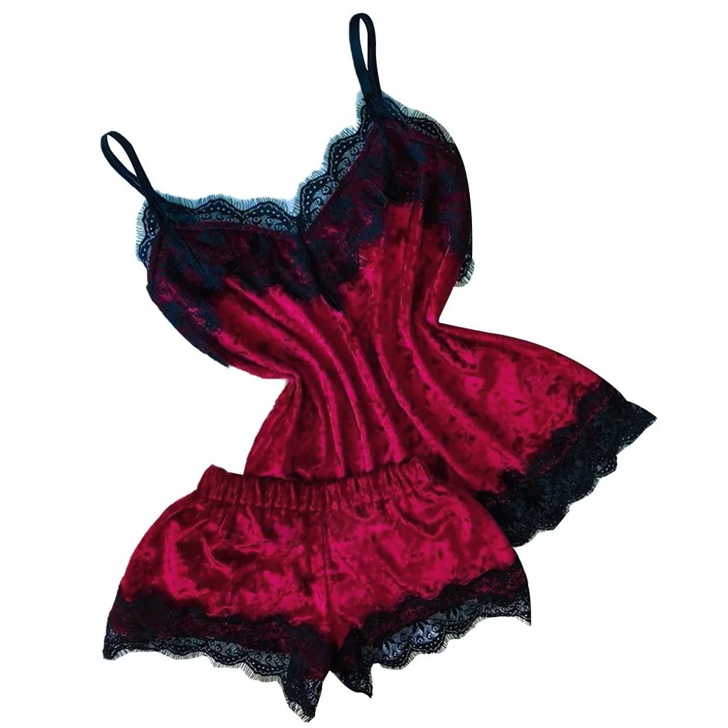 

Velvet Pajamas Set Plus Size Women Sexy Lace Patchwork Lingerie Camisole Bow Shorts V-Neck Top Home Clothes Pijamas Para Mujer