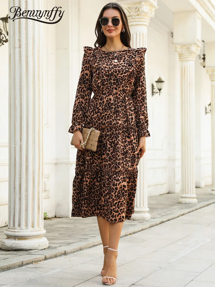 

Benuynffy O-Neck Ruffle Trim Leopard Print Dress Women 2021 Autumn Fashion Long Sleeve Office Casual A-line Female Midi Dresses