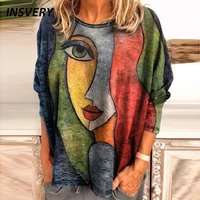 casual loose large size t shirt women fashion long sleeve shirt o neck vintage face print tshirts ladies loose tops casual tee