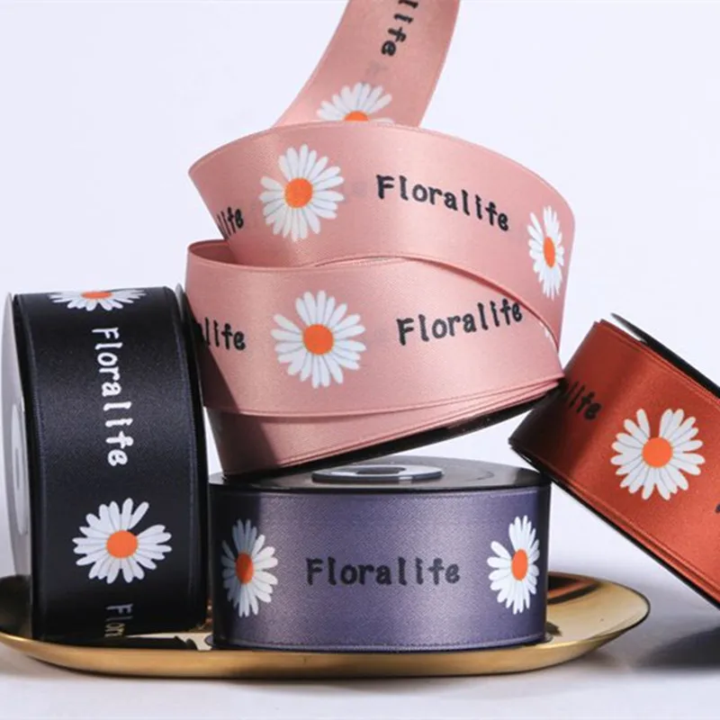 

3.8cm 10yard DIY handmade hair ornament flower packing material small daisy double side printed polyester cotton tape ribbon