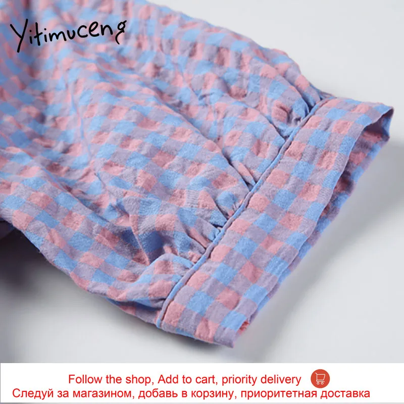 

Yitimuceng Plaid Mini Dresses Women Ruffles Summer 2021 Korean Fashion New High Waist A-Line Peter Pan Collar Short Sleeve Dress