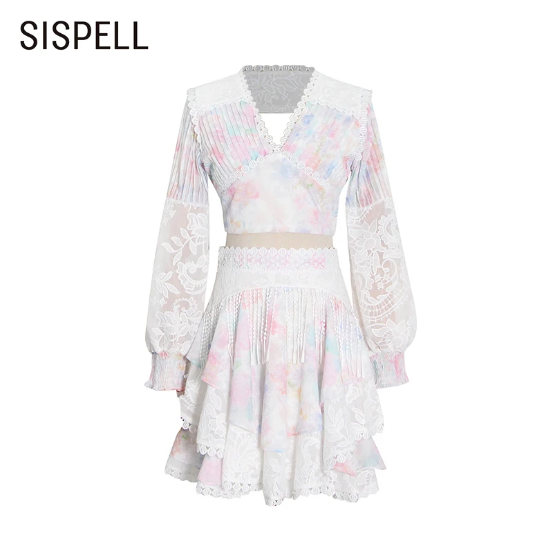 

Женский комплект из двух предметов SISPELL, топ с V-образным вырезом, длинным рукавом-фонариком и юбка с высокой талией, облегающая юбка с рюшами...