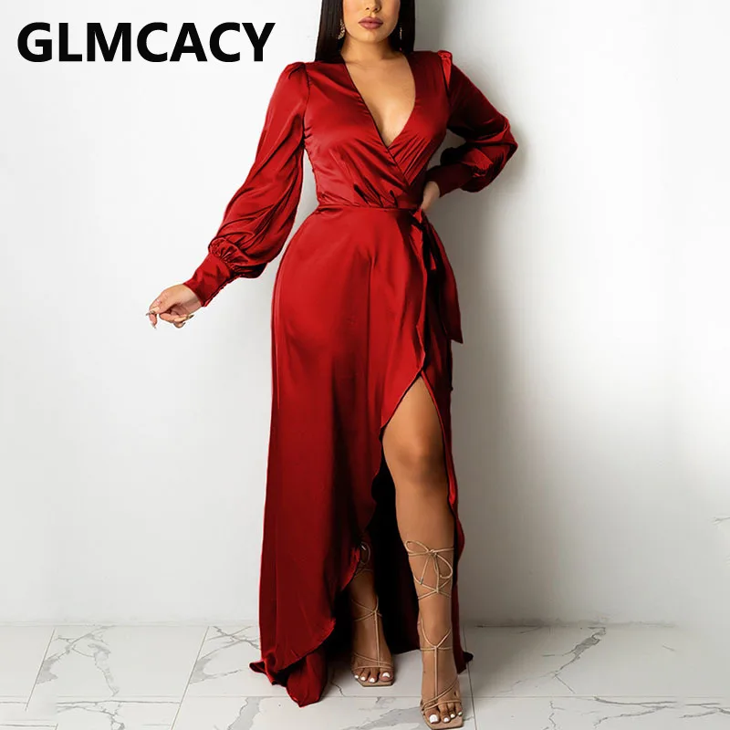 

Женское Атласное Платье макси с длинным рукавом и V-образным вырезом