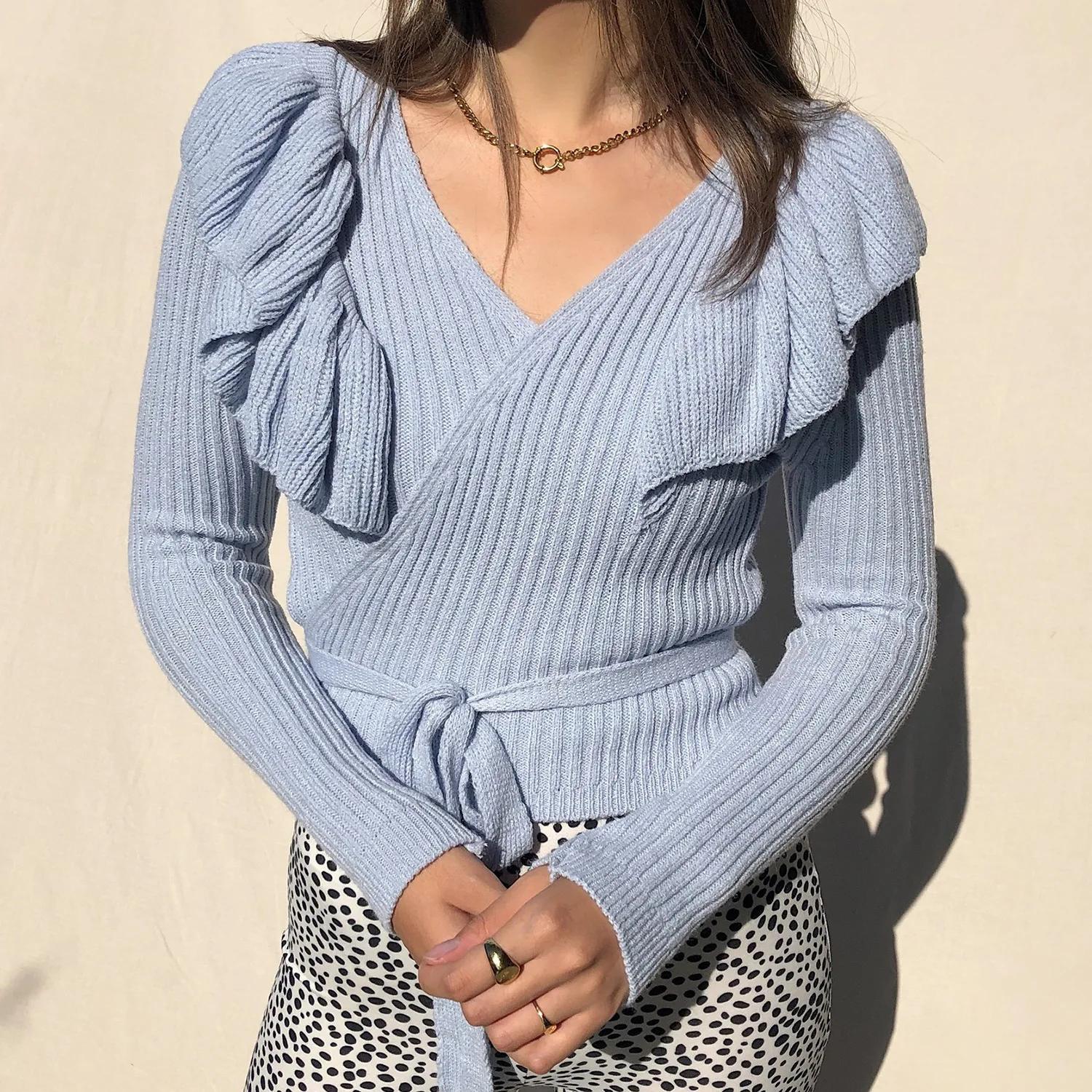 

2021 Autumn Winter Fashion Wrapped Knitted Sweaters Long Sleeve Sexy V-neck Crop Top Cardigans Cotton Ropa Flat Knitted Pullover
