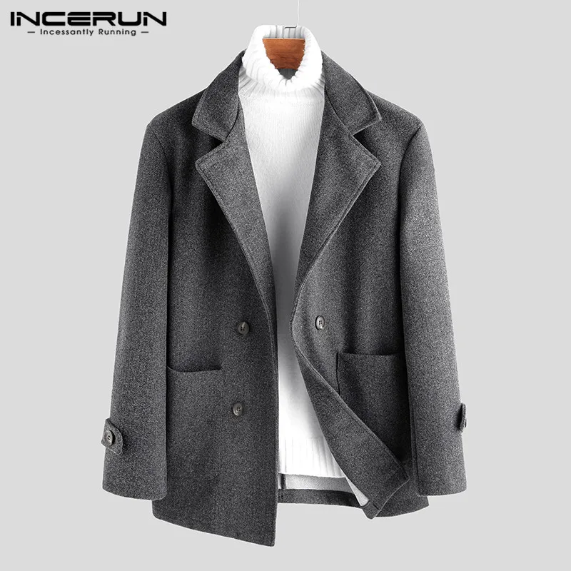 INCERUN, мужские длинные куртки, пальто, двубортные, повседневные, мужские, s, шерстяные пальто, модные, чистый цвет, тренд, Классический Комфорт, шерстяное пальто