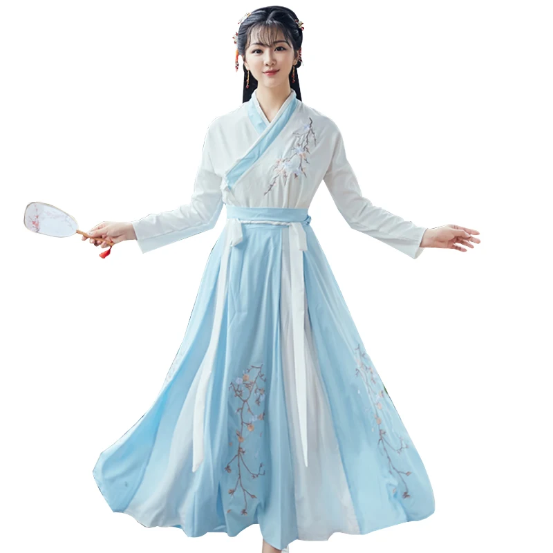 

4 Colors Chinese Style Ancient Hanfu Long Dress Women Elegant Fairy Dance Costumes Oriental Embroidery Stage Performance Dresses
