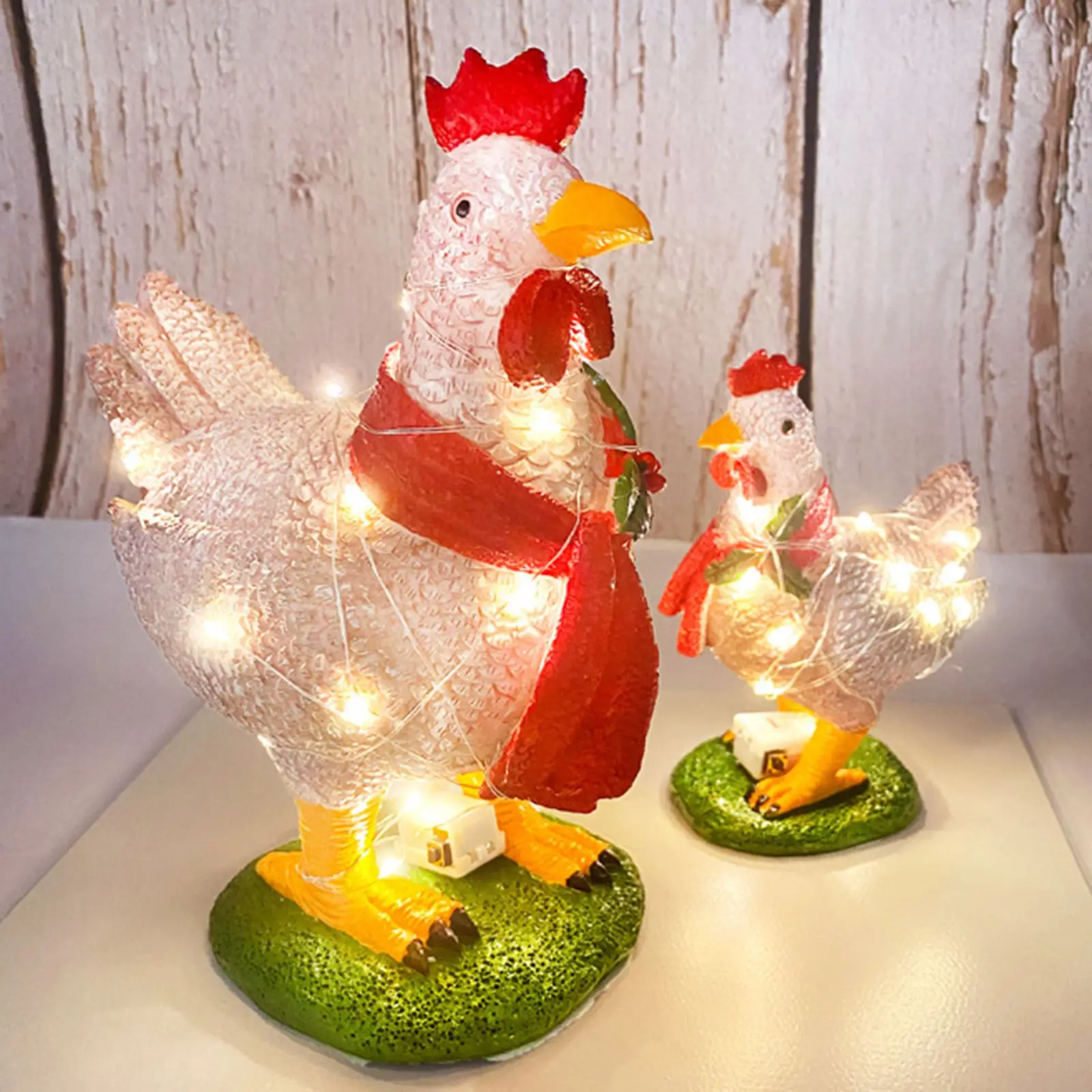 

Light Up Chicken with Scarf Resin Chicken Christmas Ornament with 20LED String Lights for Garden Lawn Outdoor Indoor Decor
